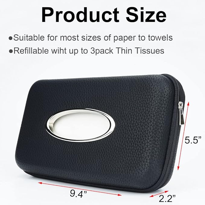 Sun Visor Tissue Holder, Zipper Napkin Holder, PU Leather Backseat Tissue Case for Car, Vehicle (Black)