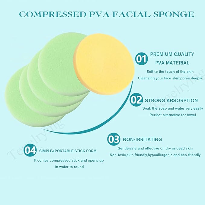 Facial Sponge Compressed,60 Pcs PVA Professional Makeup Removal Wash Round Face Sponges Spa Pads Exfoliating Cleansing for Women,Yellow,Green