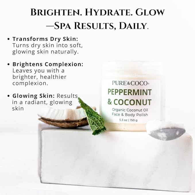Peppermint Organic Coconut Oil Face and Body Polish - Non Toxic Body Exfoliator & Resurfacing Treatment - Smoothing Bump Eraser for KP & Strawberry Legs - Daily Hydrating Ritual for Sensitive Skin