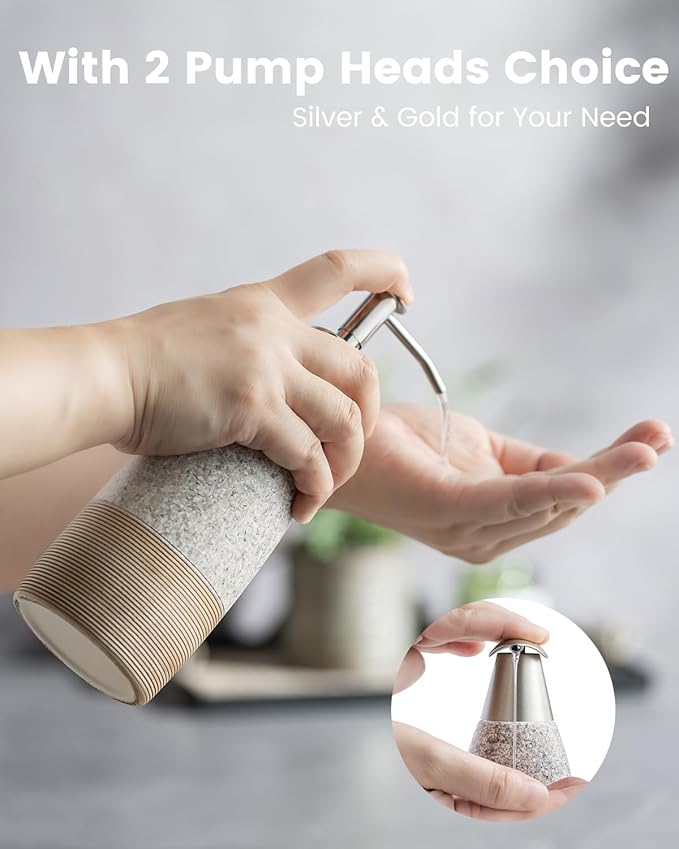 Ceramic Soap Dispenser with 2 Pumps, 12 oz Refillable Liquid Hand Soap Dispenser for Shampoo, Kitchen, Hand Soap Bottle for Mother's Day, Granite Grey