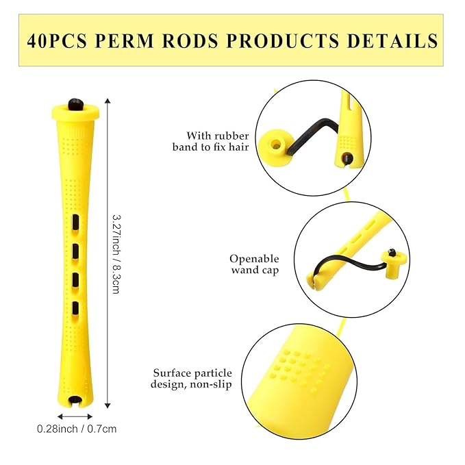 Perm Rods Set for Natural Hair 40Pcs Yellow Plastic Cold Wave Rods Hair Curling Rollers Small Size 0.28 Inch For Short Long DIY Hairdressing Styling