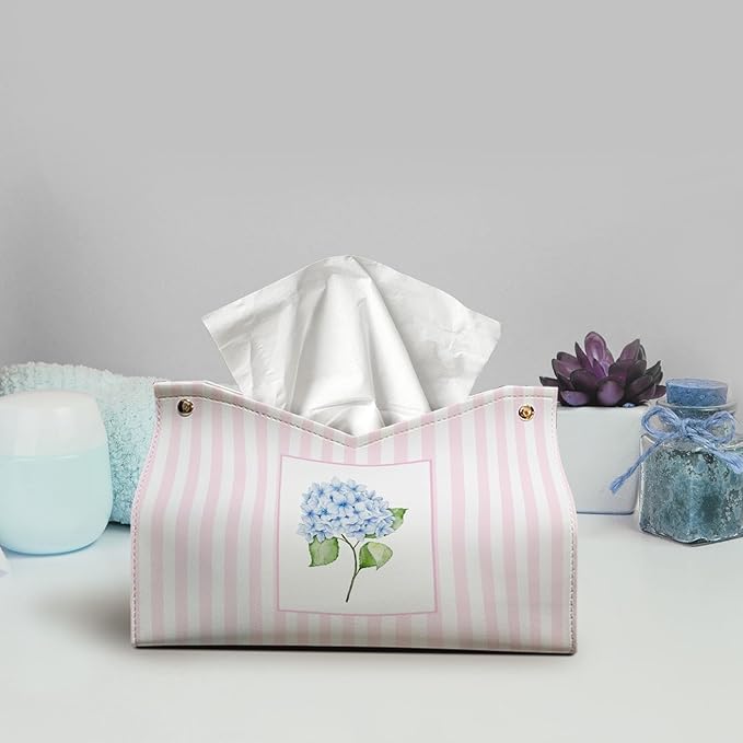 Pink Blue Hydrangea Tissue Box Cover Rectangle, Blue Flroal Tissue Box Holder Leather Facial Paper Case Large, Blue Spring Decorative Organizer Holder for Kitchen Bathroom Home 9.8x5.9x5.9