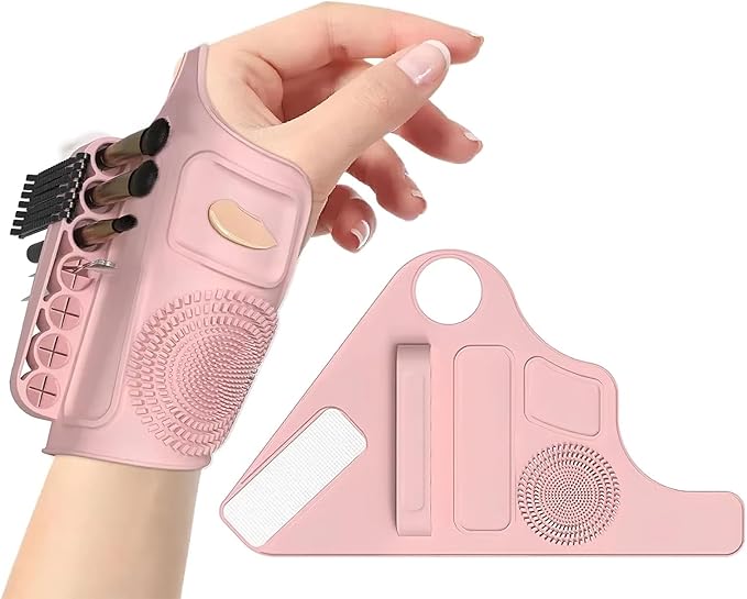 Makeup Mixing Palette Wristband, Silicone Makeup Brush Travel Case, Professional Cosmetic Display Cases Tools Strap for Pigment Makeup Art Nail Palette, Easy Cleaner(Pink)