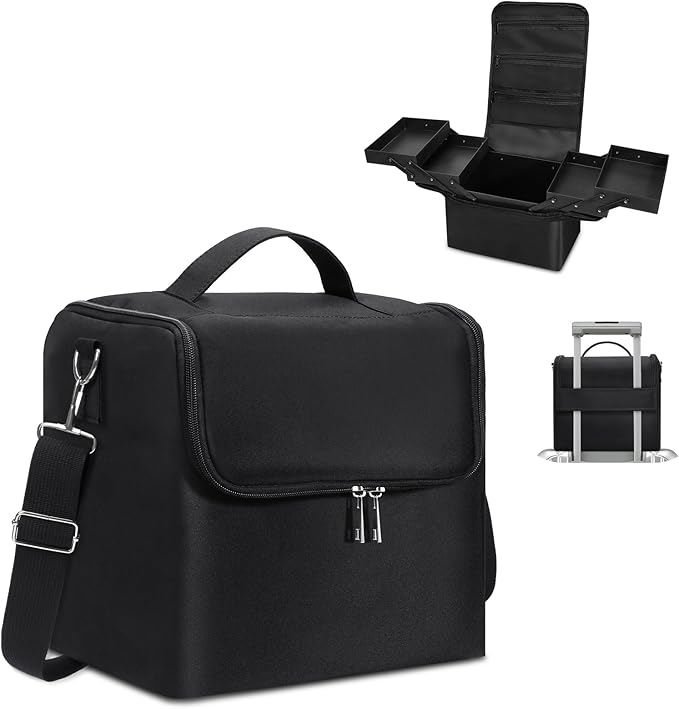 Large Makeup Carrying Train Case for Women, Black Travel Bag Storage Box,4 Tier Professional Nail Organizer Case with Adjustable Dividers for Nail Tools Jewelry MakeUp Brushes