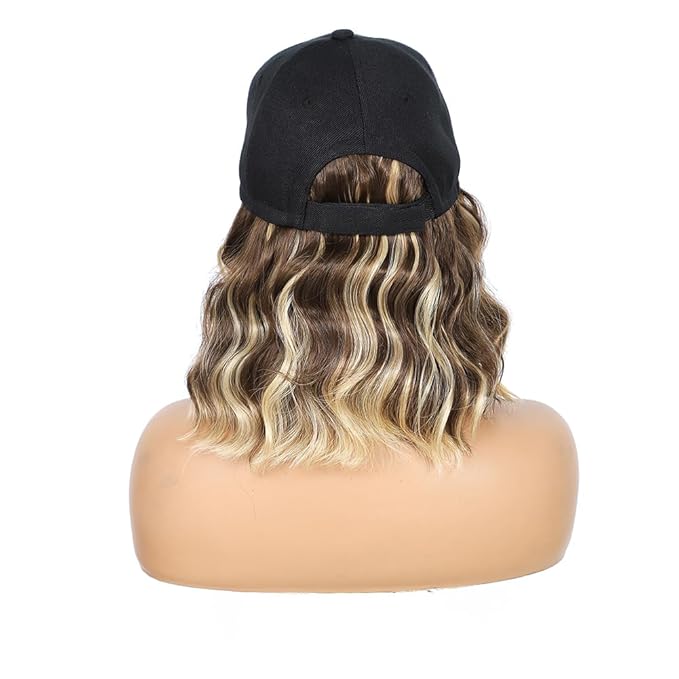 GUOJIAN Hat Wigs for Women 6' Short Wave Baseball Cap Wigs with Curly Hair Extensions Synthetic Wave Wig Adjustable Hat with Hair Attached for Daily Use (8B/613, 6inch)