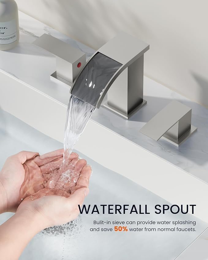 gotonovo Waterfall 8 inch Widespread Bathroom Faucet Set Bathroom Sink Faucet 3 Hole 2 Handle Vanity Lavatory Deck Mount with Pop Up Drain and Water Supply Lines Square Body Brushed Nickel
