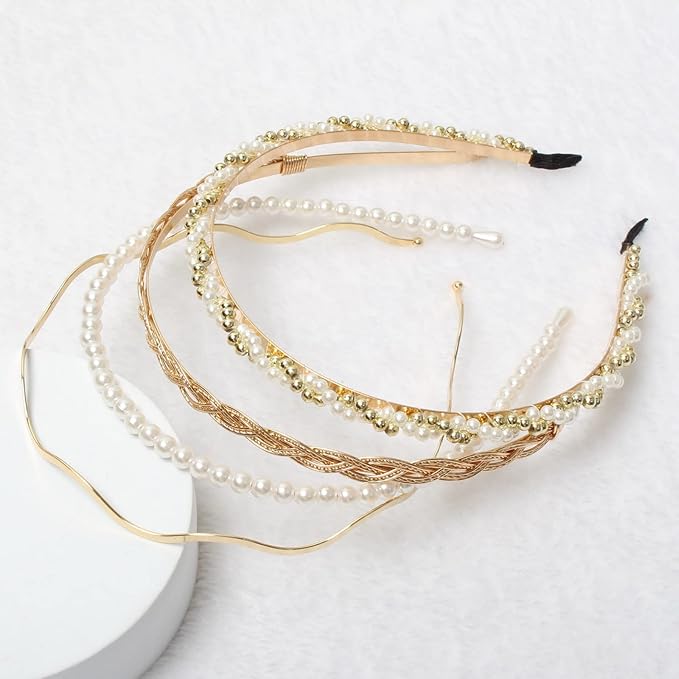 6PCS Different Designs Headbands for Women Gold Metal Hairband,Cute Pearl Hair Bands for Girls,Twisted Head Band,Black Padded Head Bands Set…