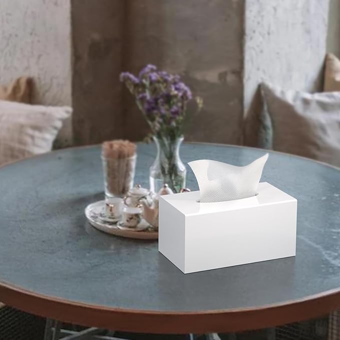 Tissue Box Cover, PITBVO Acrylic Tissue Box Holder Rectangle Upgrade Size Facial Tissue Holder Handmade Napkin Dispenser for Bathroom Kitchen Bedroom Home Office (Glossy White, 9.85"L x 5.1"W x 5.3"H)