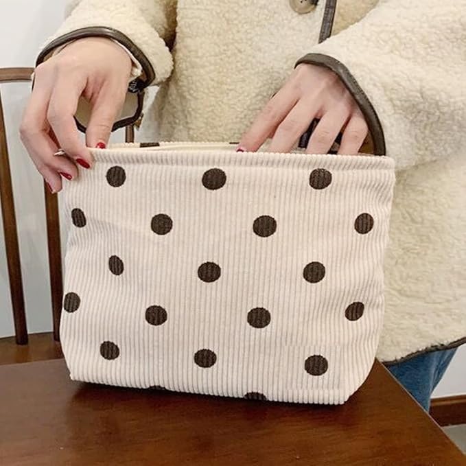 SxoSyo Cosmetic Bags for Women Makeup Bag Large Capacity Purse Travel Toiletries Zipper Storage Pouch Make up Brushes Organizer for Gifts (Corduroy, White dot)
