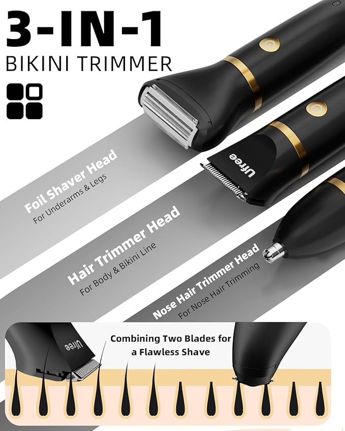 Ufree Bikini Trimmer Electric Razors for Women, Rechargeable Pubic Body Hair Trimmer Electric Shaver for Legs Body Hair, Bikini Shaver IPX7 Waterproof, Gifts for Women, Black