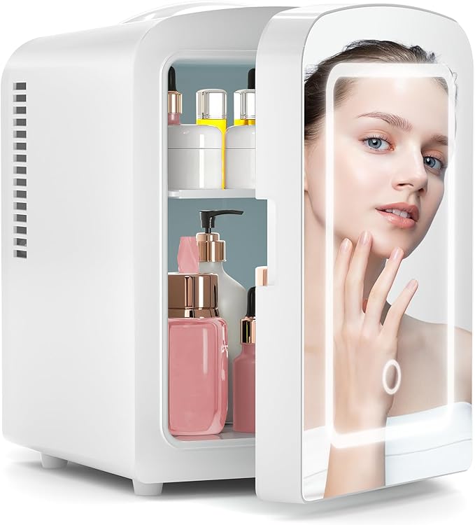 Lispin 4L Mini Skincare Fridge with Dimmable LED Mirror, Portable Beauty Refrigerator for Makeup, Cosmetic, Personal Small Refrigerator with Cooler and Warmer for Bedroom, Office and Car (White-4L)