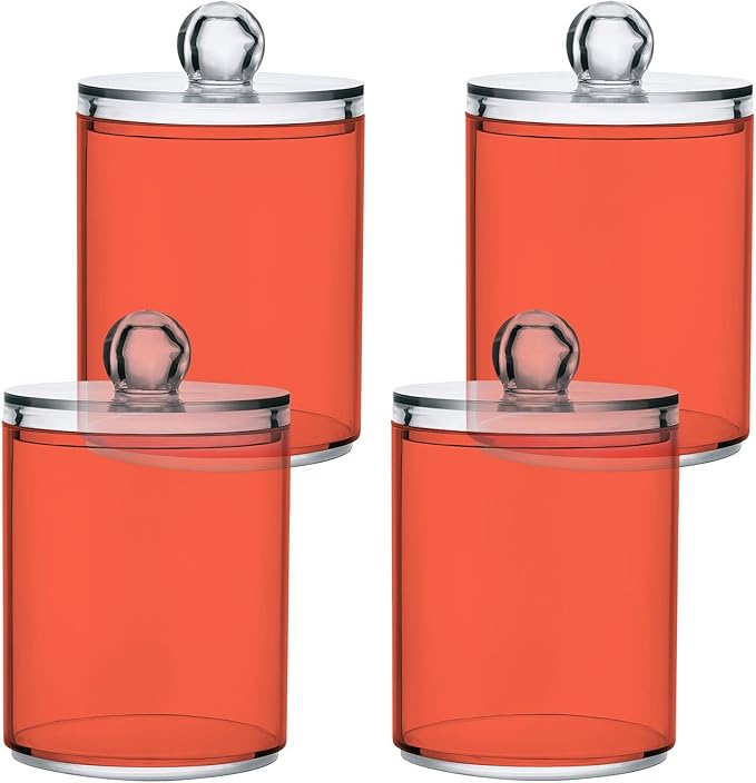 Tomato Red Qtip Holder Organizer Dispenser Cotton Swabs Cans Plastic Jars with Lid Set 4 Pack Bathroom Storage Canister for Cotton Ball Floss Cotton Pads