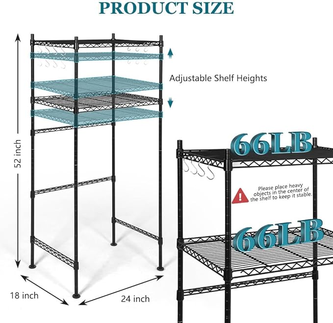 KELIXU Mini Fridge Shelf 2-Tier Metal Mini Fridge Stand with Storage, Adjustable Height Microwave Stand Multifunctional Rack for Dorm, Kitchens, Offices, Easy to Install, 52” H x 24” W x 18” D, Black