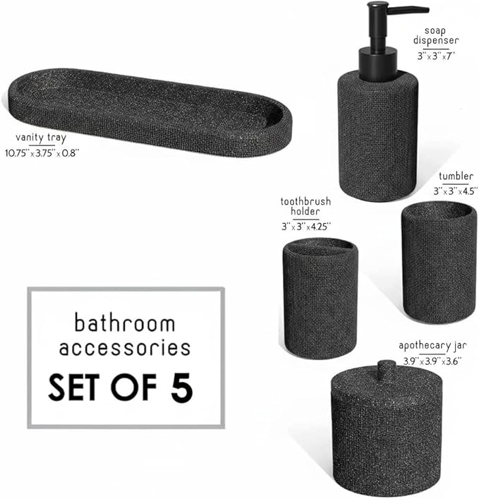 Clara Clark Bathroom Set - Coal Black Bathroom Accessories Set, 5PC Bathroom Accessory Set, Bathroom Sets with Soap Dispenser, Toothbrush Holder, Tumbler, Cotton Swab Jar & Vanity Tray