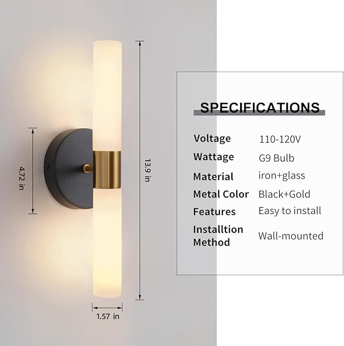 Wall Sconces Set of Two Black and Brass Lamp Sconces Lighting with White Glass Lights Wall Light Sconces Wall Decor Set of 2 for Living Room Wall Scones, Wall Lights