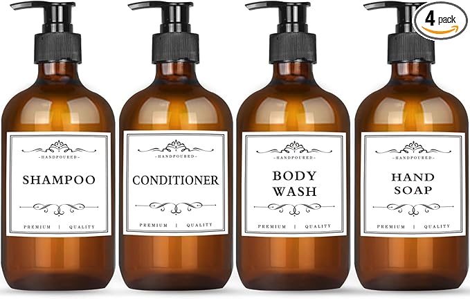 4 Pack 16.9 Oz Shampoo and Conditioner Hand Soap Dispenser Refillable Pump Bottles with Waterproof Labels (Amber)