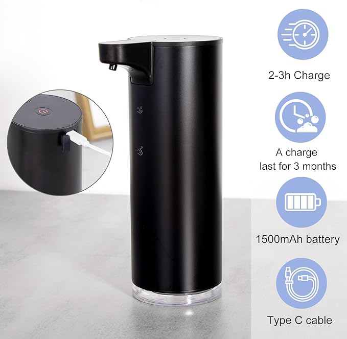 LAOPAO Automatic Soap Dispenser Foaming: Rechargeable Touchless Soap Dispenser Stainless Steel Foam Soap Dispenser for Bathroom Hand Soap Pump for Kitchen Xmas Gift, 9oz, Black