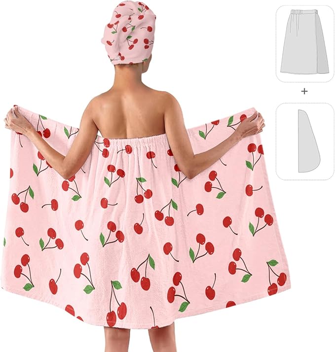 Women's Cherry Print Towel Wrap and Hair Drying Cap Set – Cute Pink Microfiber Shower Wrap with Adjustable Closure – Quick Dry Spa, Dorm, Beach Gift for Her