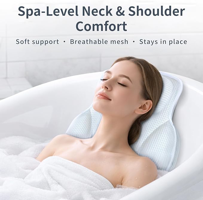 Luxury Bath Pillows for Tub with 4D Mesh Fabric - Thick and Soft Ergonomic Head Neck Back Support, Quick-Drying White Bath Pillows with Anti-Slip Suction Cups, Spa Gift for Adults and Seniors