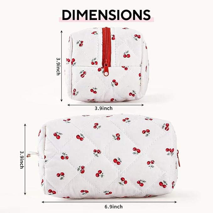 Floral Makeup Bag,Floral Quilted Makeup Pouch,Large Cosmetic Bag,Fashionable Travel Makeup Pouch, Cute Cherry Make up Bag,Puffy Coquette Makeup Bag, Attractive Quilted Make up Bag