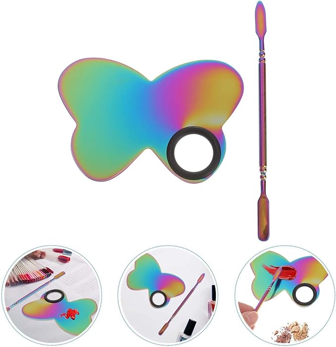 Butterfly Nail Art Palette with Stainless Steel Makeup Spatulas for Cosmetic and Nail Color Mixing at Home or Salon