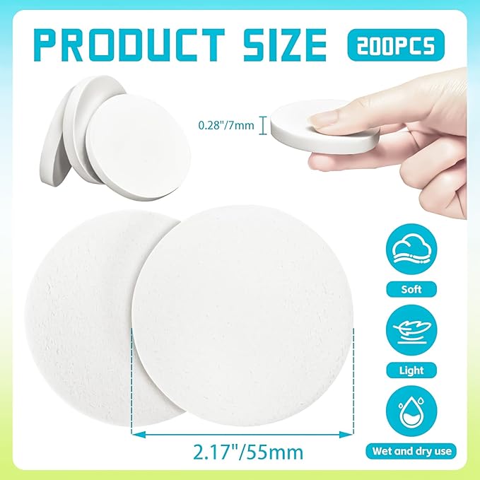 MotBach 200 PCS White Round Makeup Sponge, Cosmetic Sponge Round Foam Pad Eye Facial Powder Puff, Beauty Makeup Foundation Powder Blender for Women Lady All Skin Types Wet and Dry Dual Use