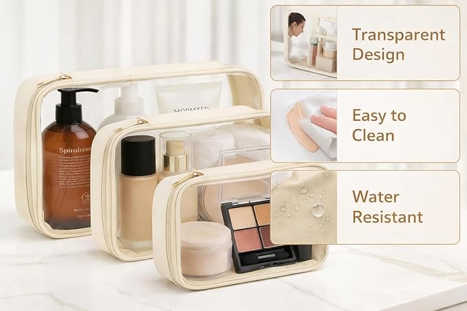Clear TSA Approved Toiletry Bag Set - 3 Pack (Large, Small and Mini) Clear Cosmetic Bag with Zipper, Quart Size Travel Essentials Organizer Perfect for Carry-On Luggage (Opaque White)