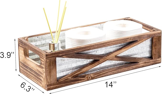 Wooden Toilet Tank Basket, Rustic Bathroom Decor Box, Farmhouse Toilet Paper Organizer Holder, Decorative Bathroom Storage Basket, Barn Door (Brown)