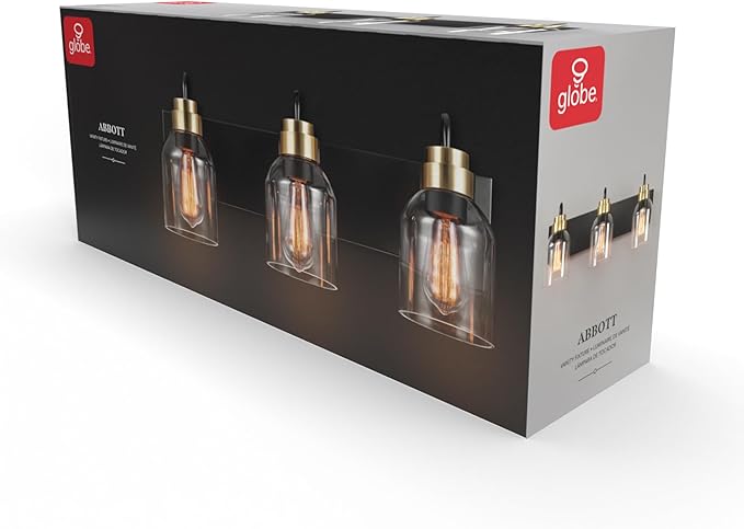 Globe Electric 63000200 22" 3-Light Vanity Light, Matte Black, Matte Brass Accents, Glass Shades, Beauty Room Accessories, Lights for Bathroom, Powder Room Lighting, Bathroom Lights Over Mirror