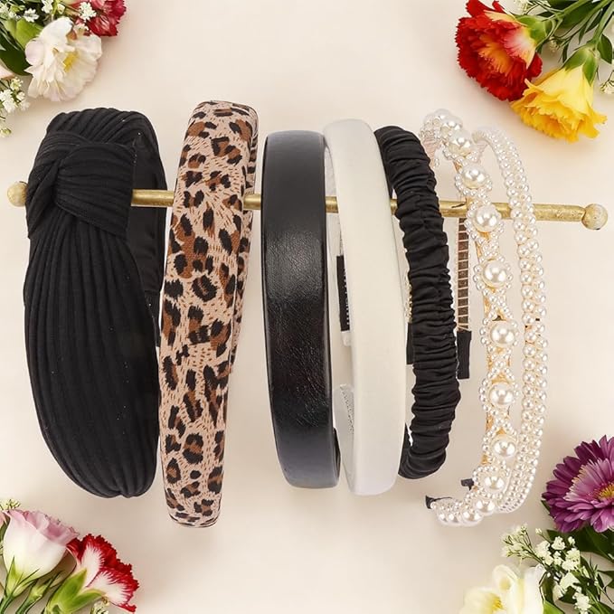 AHONEY 7 Pack Black Headbands for Women Cheetah Print Leopard Headbands Non Slip Leather Hairbands Fashion Hair Accessories Multi-style Headband Pack Diademas Para Mujer