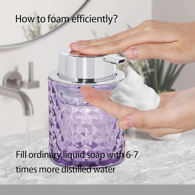 10 Oz Glass Hand Soap Dispenser with Pump, Refillable Bathroom Gold Foaming Soap Dispenser, Vintage Glass Diamond Lotion Container Bottle for Bathroom and Kitchen (1, Purple and Silver)