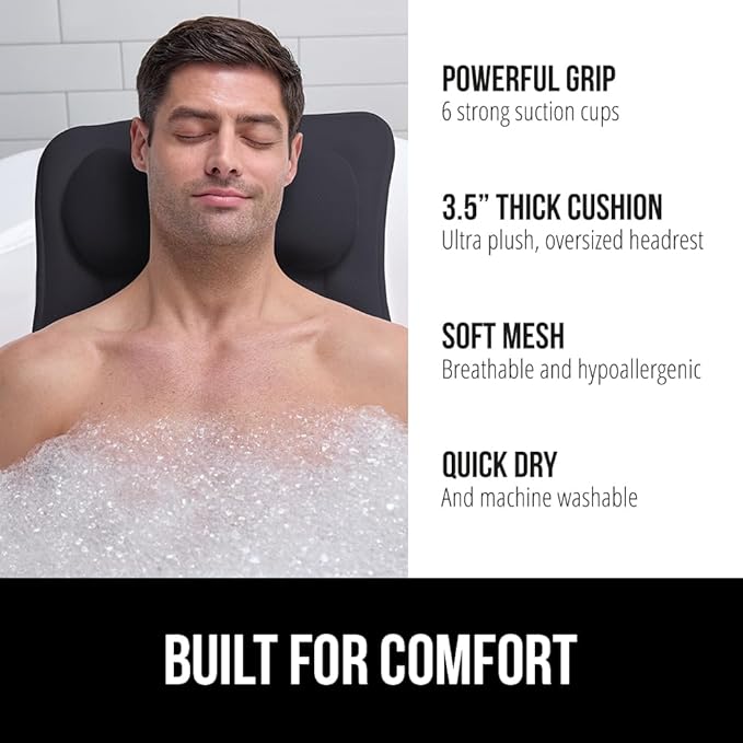 GORILLA GRIP Bath Pillow for Tub, Strong Suction Cups, Headrest with Mesh FlexComfort Technology, Neck, Head and Back Support, Luxury Machine Wash Bathtub Pillows, Spa Essential Accessories, Black