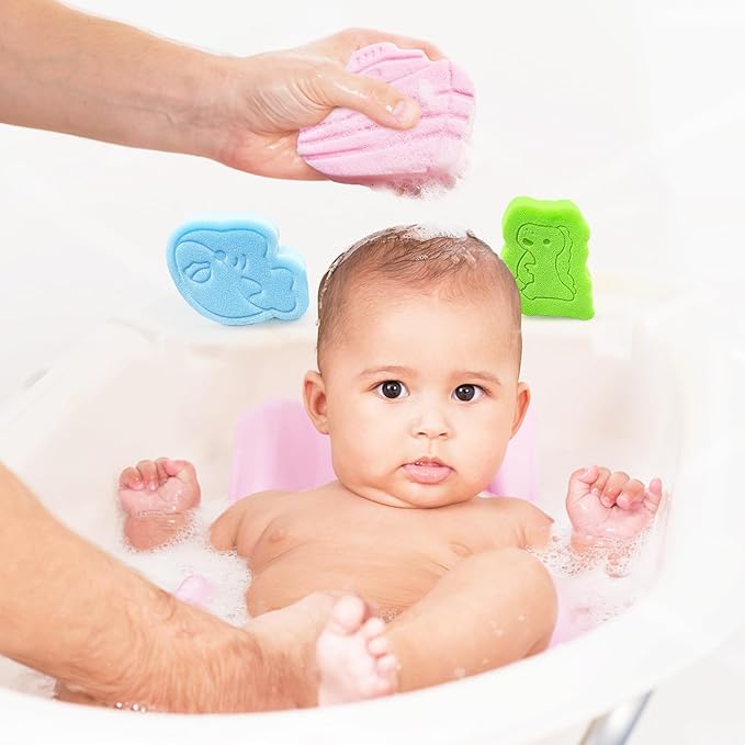 Baby Bath Sponge, Natural Cute Shapes Soft Shower Sponges for Bathing, Bathtub Foam for Infants and Toddler, 3pcs : Blue Whale, Pink Ship, Green Dinosaur