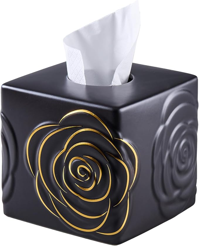 Black Ceramic Cube Tissue Box Cover with Gold Rose – Large Elegant Rose Floral Square Decorative Tissue Box Holder for Bathroom, Bedroom, Office Desk, Kitchen Counter – Perfect Housewarming Gift
