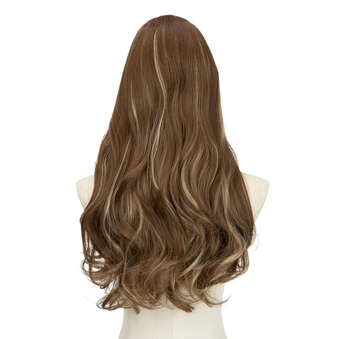 SARLA Clip in U Part Hair Extensions Synthetic Long Wavy Curly Thick Full Head Hairpiece for Women Brunette/Ash Blonde Highlights 24 Inch