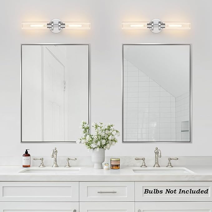 Wall Sconces Set of Two, Chrome Bathroom Sconces Wall Lighting with Clear Glass, Modern Sconces Wall Decor Set of 2 Bathroom Light fixtures for Mirror Living Room Hallway Bedroom