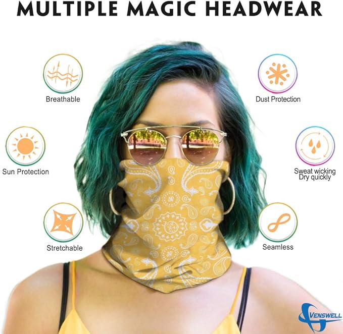Venswell Neck Gaiter Face Mask Men Women,Seamless Bandana Rave Face Cover Scarf Mask,Balaclava,Headband, Head Wrap,Headwear