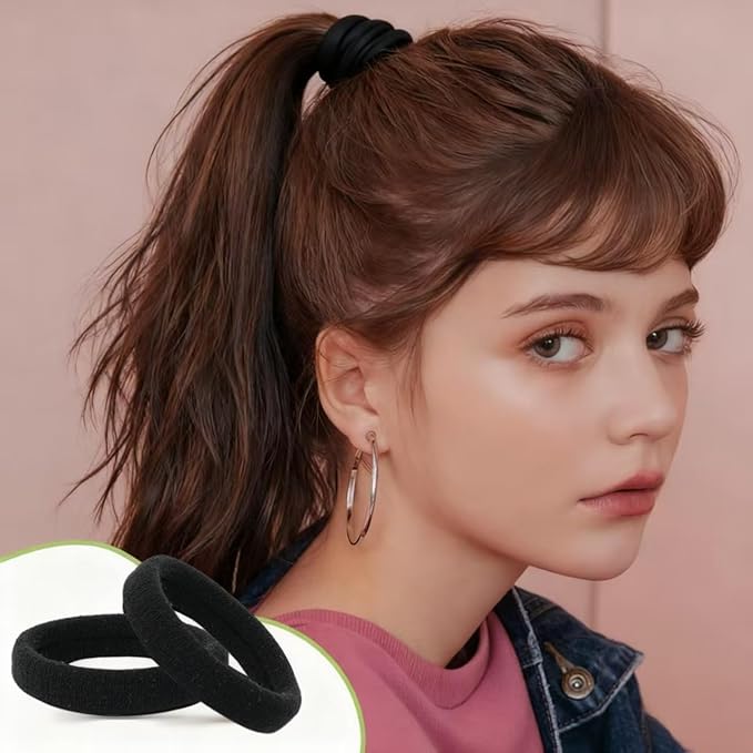 No Damage Hair Ties, 120 PCS Soft Seamless Cotton & Nylon Elastic Ponytail Holders, Hair Bands for Thick Hair, Hair Accessories for Girls & Women (Black)