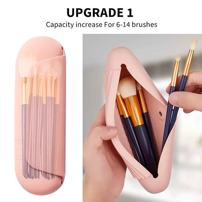 Silicone Makeup Brush Holder Travel Cosmetic Bag：Soft Portable Cosmetic Face Brushes Holder with Upgrade Anti-Fall Out Magnetic Closure, Large Travel Makeup Brush Case - Pink Sand