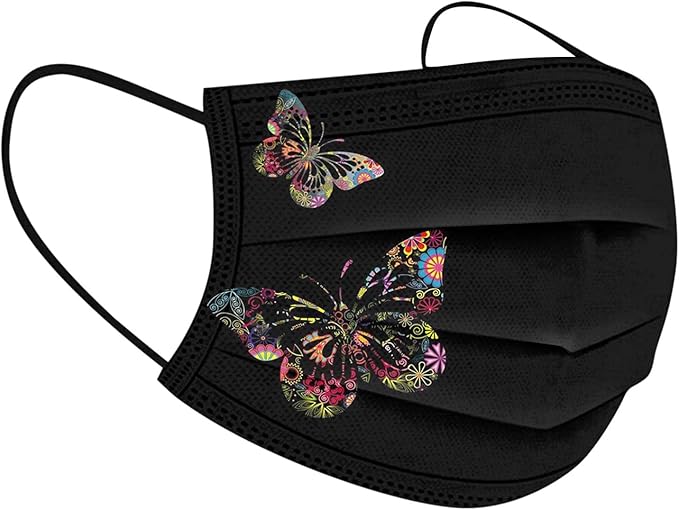 50pcs Black Disposable Face Masks, Masks with Butterfly Printed, 3-Ply Full Protection for Women Men Teen Girls