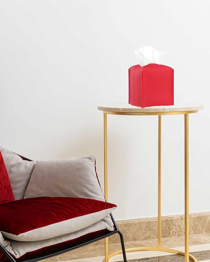 Red Tissue Box Cover Square – with Bottom Belt [JESMINI, Red] Modern PU Leather Tissue Cube Box Holder Decorative for Bathroom Vanity Countertop/Night Stands/Office Desk, 5x5x5