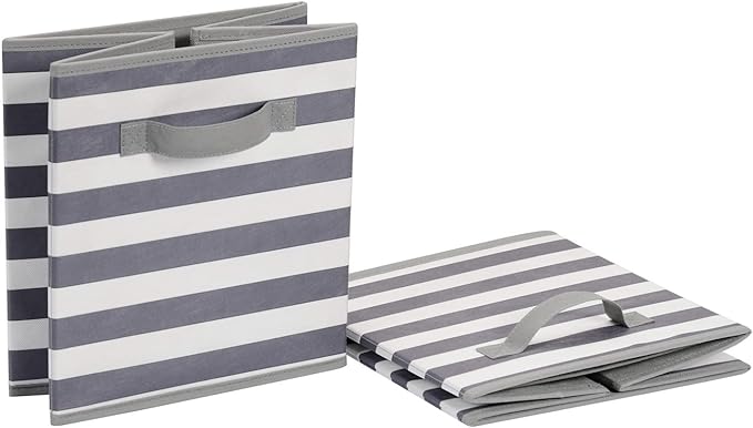 Amazon Basics Cube Organizer Storage Bins Handles,Collapsible Fabric,,10.5"x10.5"x11",White/ Light Grey Stripe,6 Count (Pack of 5)