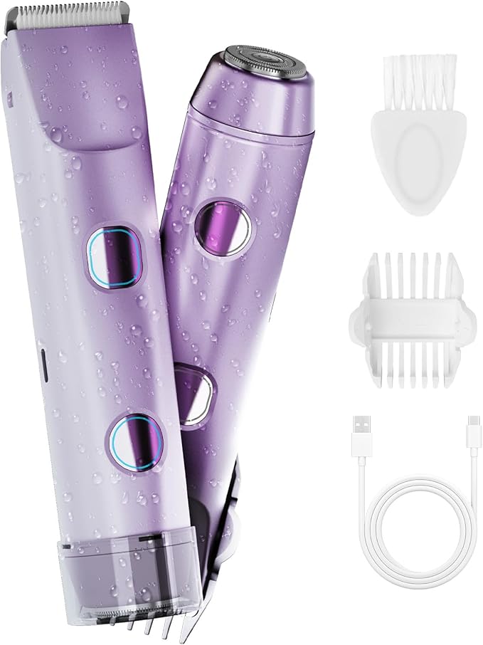 2-in-1 Bikini Trimmer for Women, IPX7 Waterproof Electric Shaver, Body Hair Trimmer & Electric Razor for Face, Lips, Pubic Area, Legs, Purple