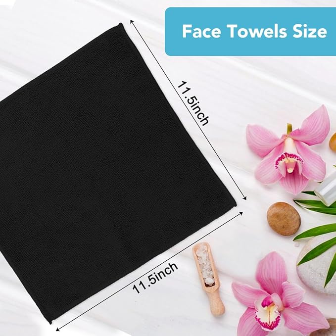 Orighty Washcloths, 20 Pack Microfiber Face Towels, Highly Absorbent and Soft Feel Wash Cloths & Hand Towels for Bathroom, Hotel, Spa, and Gym, 11.5x11.5 Inch, Black