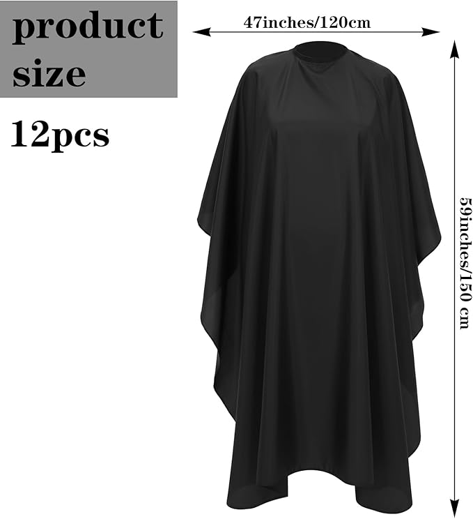 12 Pcs Barber Cape with Adjustable Snap Closure, Hair Cutting Cape, 59 x 47 Salon Apron for Women Men, Professional Hair Cutting Salon Capes for Hairstylist Hair Dye, Black