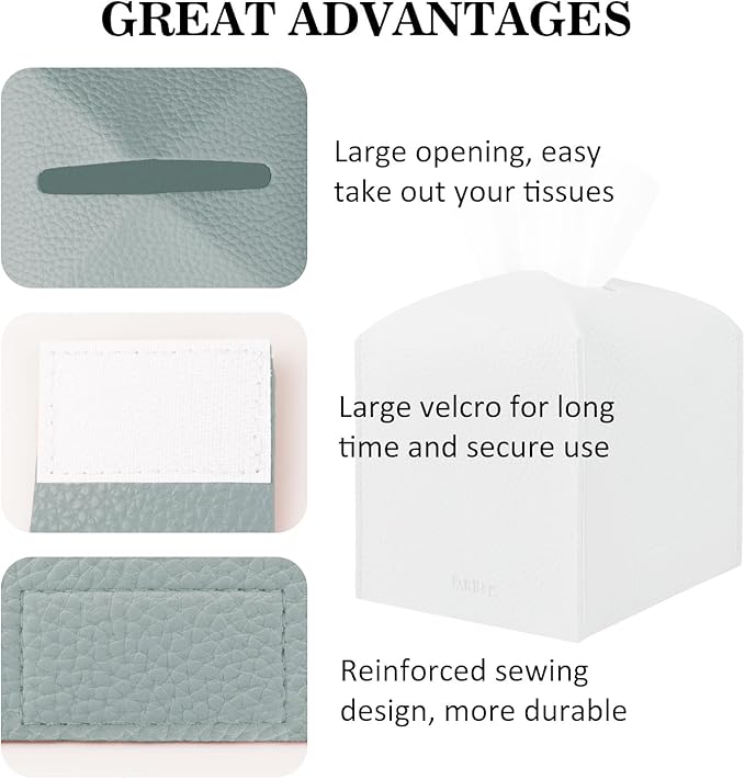 Tissue Box Cover Holder Square Tissue Cube Cover PU Leather Tissue Organizer with Bottom Belt for Bathroom, Tabletop, Car, Night Stands, Office, Home, Kitchen (1, Blue)