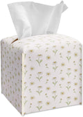 Tissue Box Cover Square - White Daisy Floral Tissue Box Holder with Bottom Belt, Leather Facial Paper Organizer for Bathroom Vanity Countertop, Nightstands, Dining Table, Office, Car -21