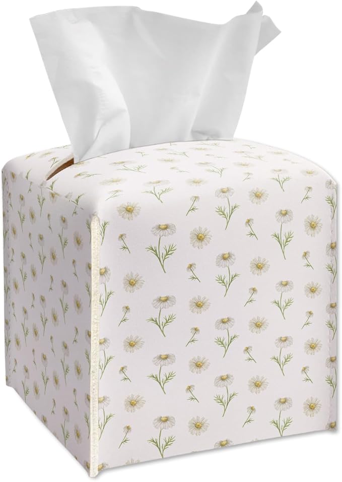 Tissue Box Cover Square - White Daisy Floral Tissue Box Holder with Bottom Belt, Leather Facial Paper Organizer for Bathroom Vanity Countertop, Nightstands, Dining Table, Office, Car -21