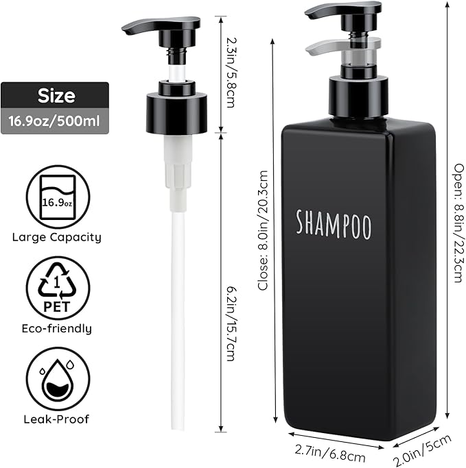 Segbeauty Refillable Shampoo and Conditioner Bottles Set, 6 Pack Empty Plastic Square Shower Bottle, 16.9oz 500ml Bathroom Soap Dispenser for Body Wash, Shampoo Containers for Shower Bathroom Kitchen