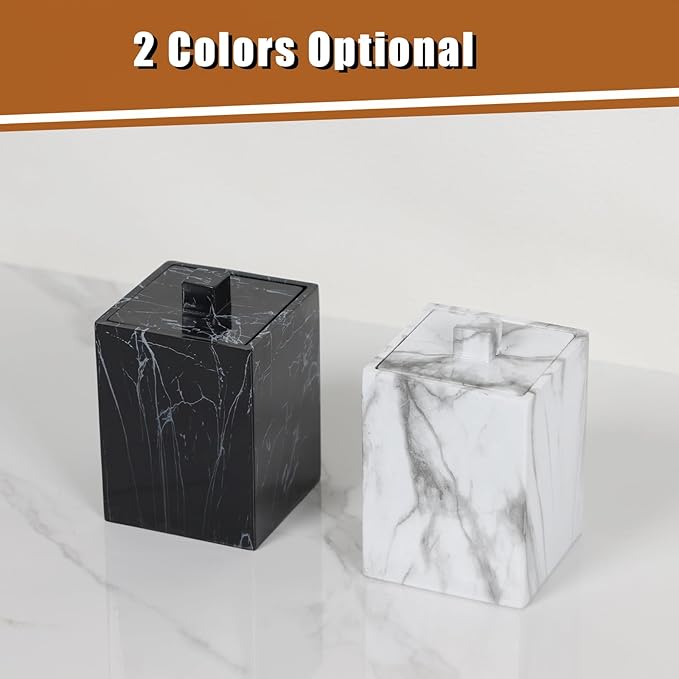 Jung Ford 2-Pack Marble Pattern Cotton Swab Holders with Lids, Resin Bathroom Vanity Storage Jars, Square Qtip Containers for Cotton Balls, Pads, and More (Black)